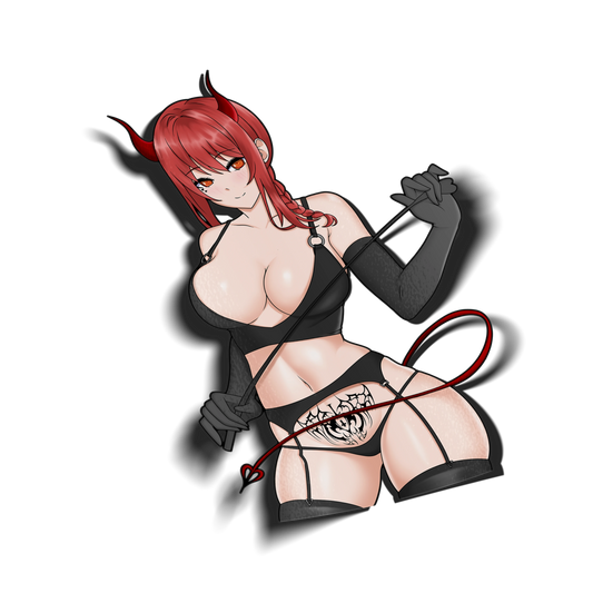 Succubus Makima kiss-cut vinyl sticker on transparent background, red hair, demon horns, black lingerie with whip and demonic tattoo, Chainsaw Man fan art.