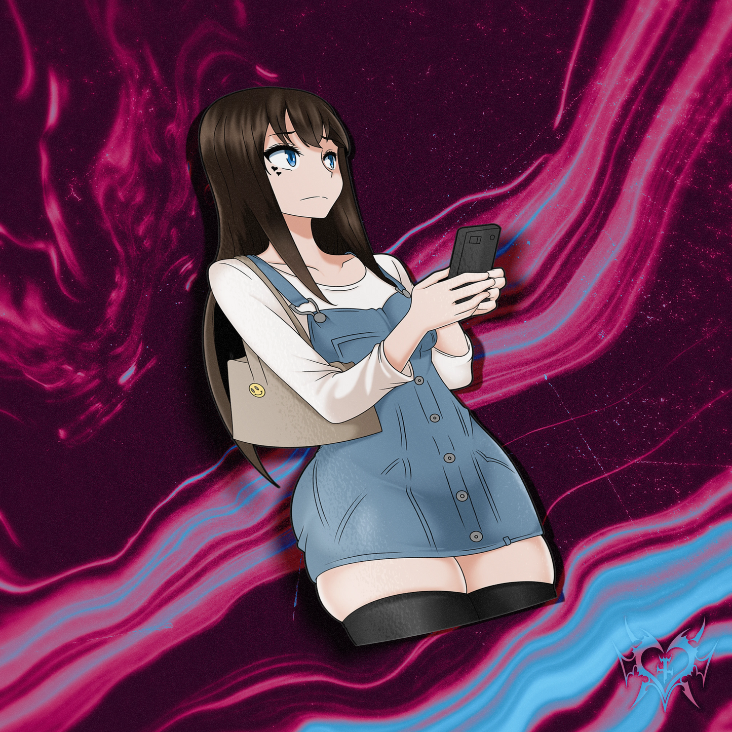 Casual Saki Yoshida kiss-cut anime sticker on purple swirl store background, brown hair blue eyes, denim pinafore with shoulder bag and thigh highs, Always Sick original Emergence design.