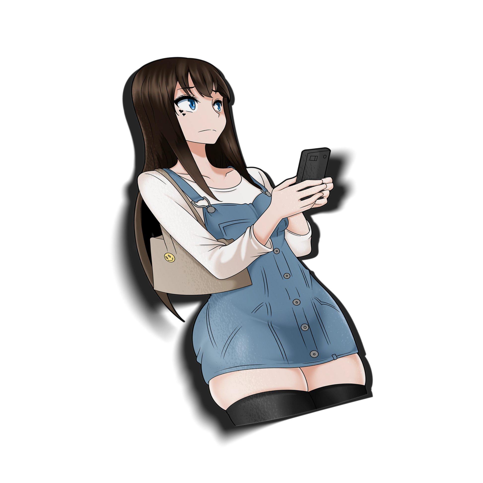 Casual Saki Yoshida kiss-cut vinyl sticker on transparent background, brown hair blue eyes, denim pinafore dress with white long sleeve and black thigh highs holding a phone, Emergence fan art.