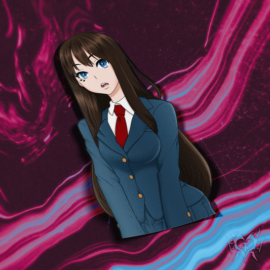 School Uniform Saki Yoshida kiss-cut anime sticker on dark magenta swirl store background, blue school blazer with red tie, Always Sick original Emergence design.