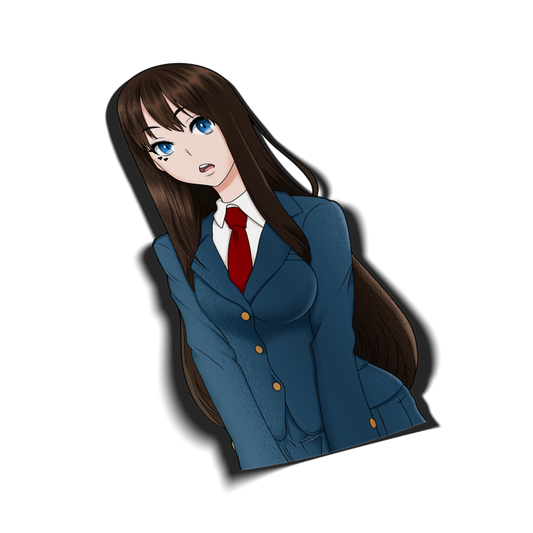 School Uniform Saki Yoshida kiss-cut vinyl sticker on transparent background, brown hair blue eyes, blue school uniform with red necktie, Emergence fan art.
