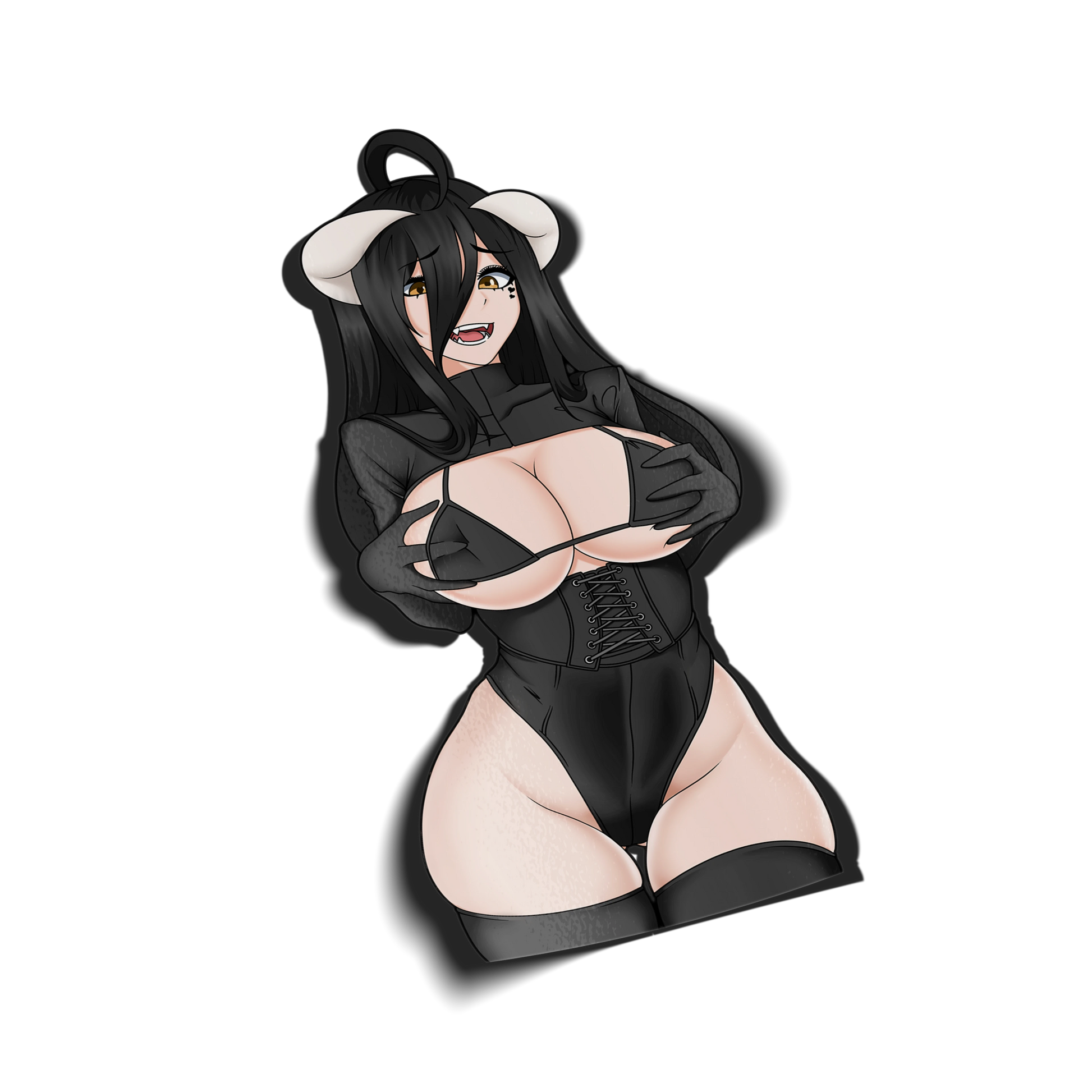 Goth Albedo Classic kiss-cut vinyl sticker on transparent background, black hair golden eyes, black bikini top with corset and open bodysuit, sheep horns and ears, Overlord fan art.