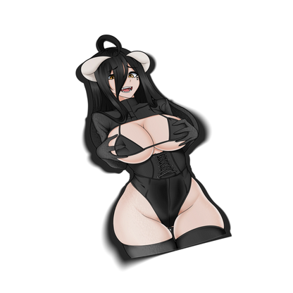 Goth Albedo Classic kiss-cut vinyl sticker on transparent background, black hair golden eyes, black bikini top with corset and open bodysuit, sheep horns and ears, Overlord fan art.