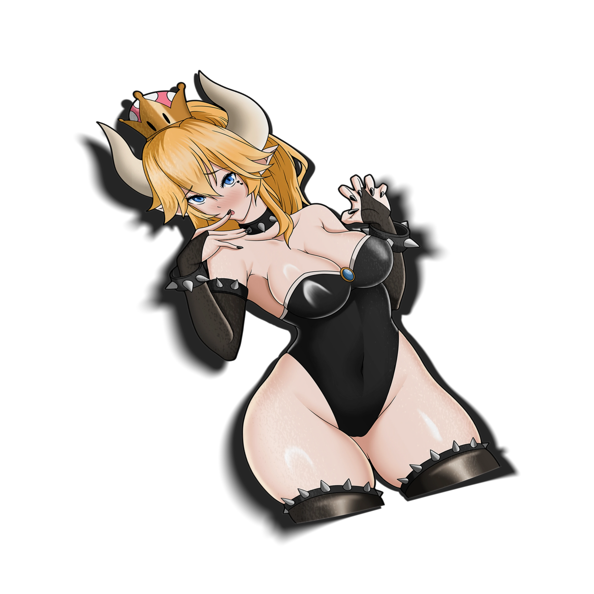 Bowsette kiss-cut vinyl sticker on transparent background, blonde hair blue eyes, black spiked bodysuit with crown and horns, Super Mario fan art.