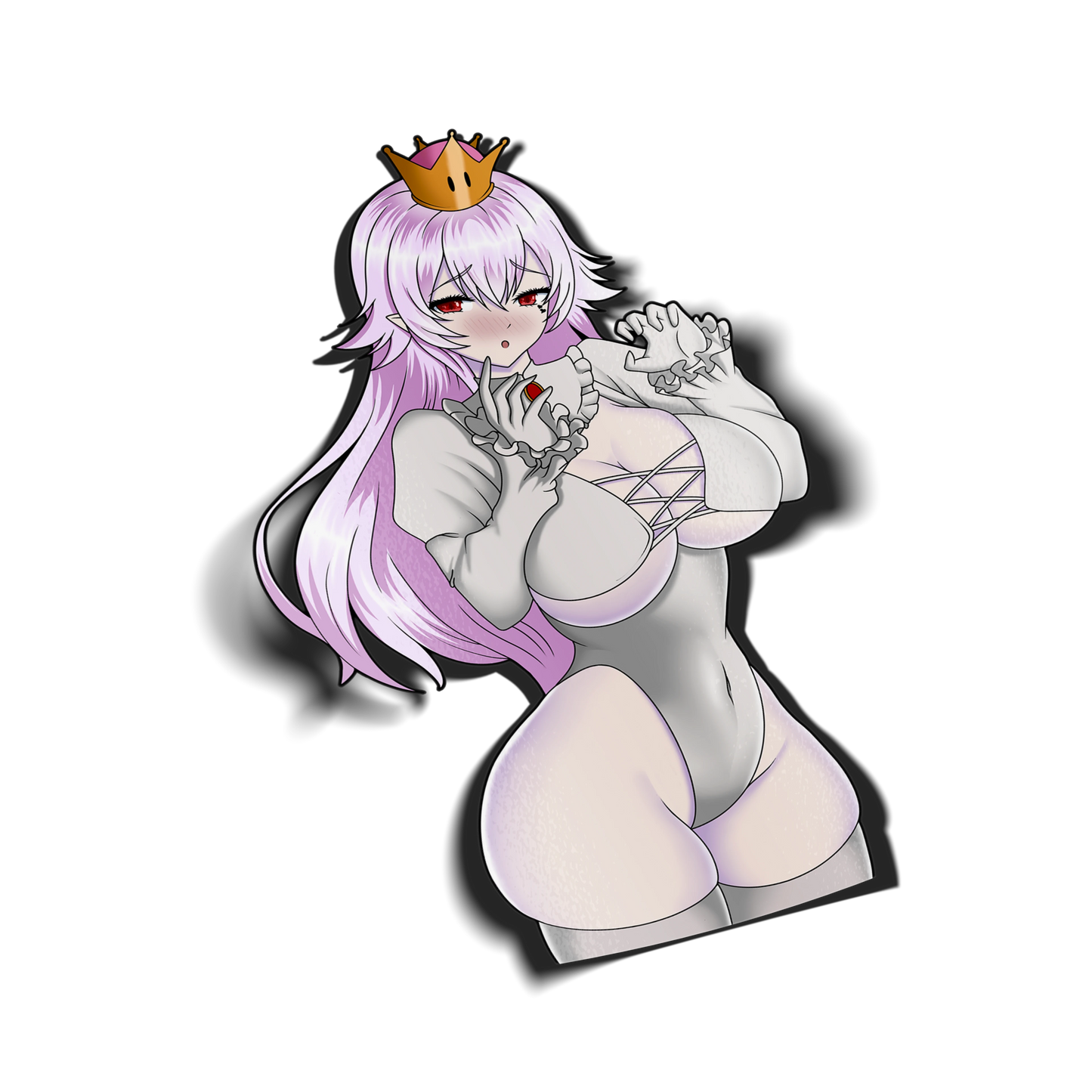 Boosette kiss-cut vinyl sticker on transparent background, white hair red eyes, white corset bodysuit with Super Crown, Super Mario fan art.