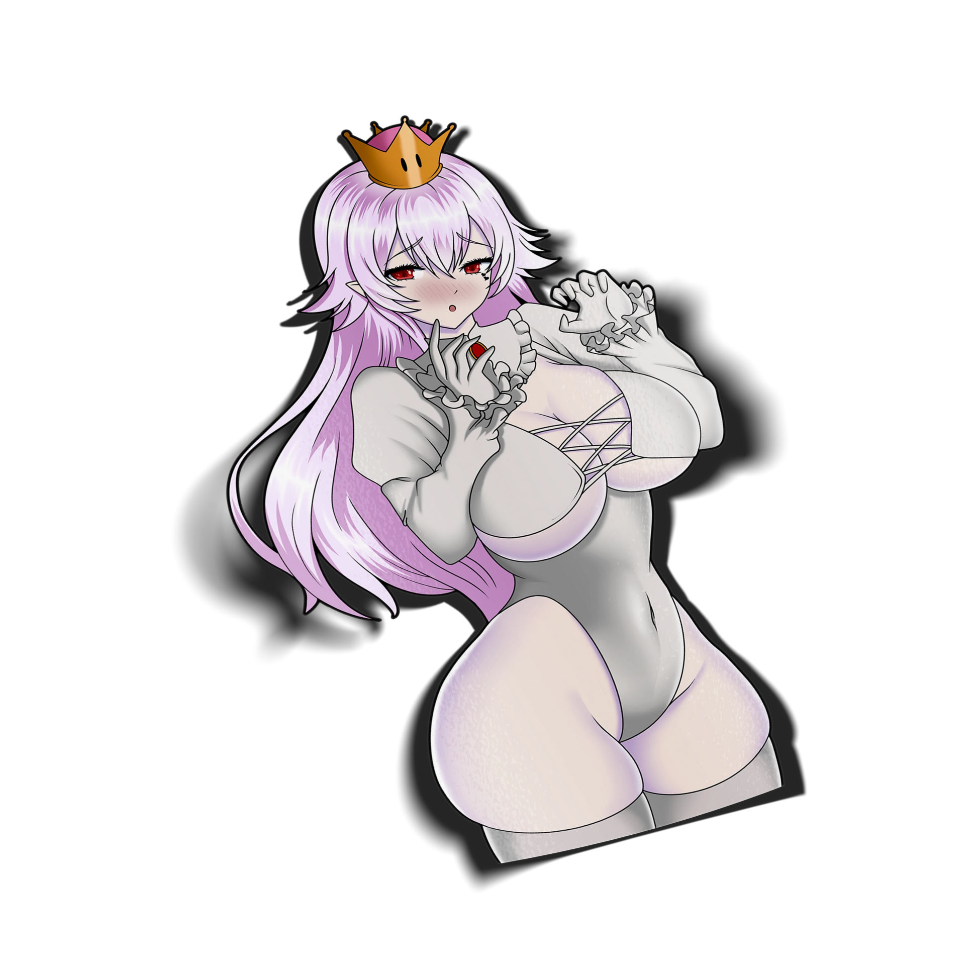 Boosette kiss-cut vinyl sticker on transparent background, white hair red eyes, white corset bodysuit with Super Crown, Super Mario fan art.