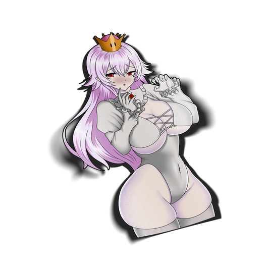 Boosette kiss-cut vinyl sticker on transparent background, white hair red eyes, white corset bodysuit with Super Crown, Super Mario fan art.