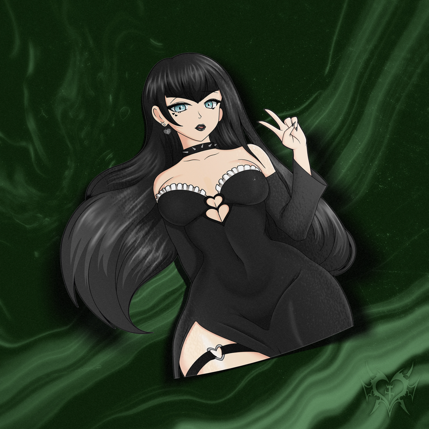 Hailey Rose kiss-cut sticker on dark green swirl store background, goth anime portrait with black dress and face tattoos, Always Sick original GhoulGang collab design.