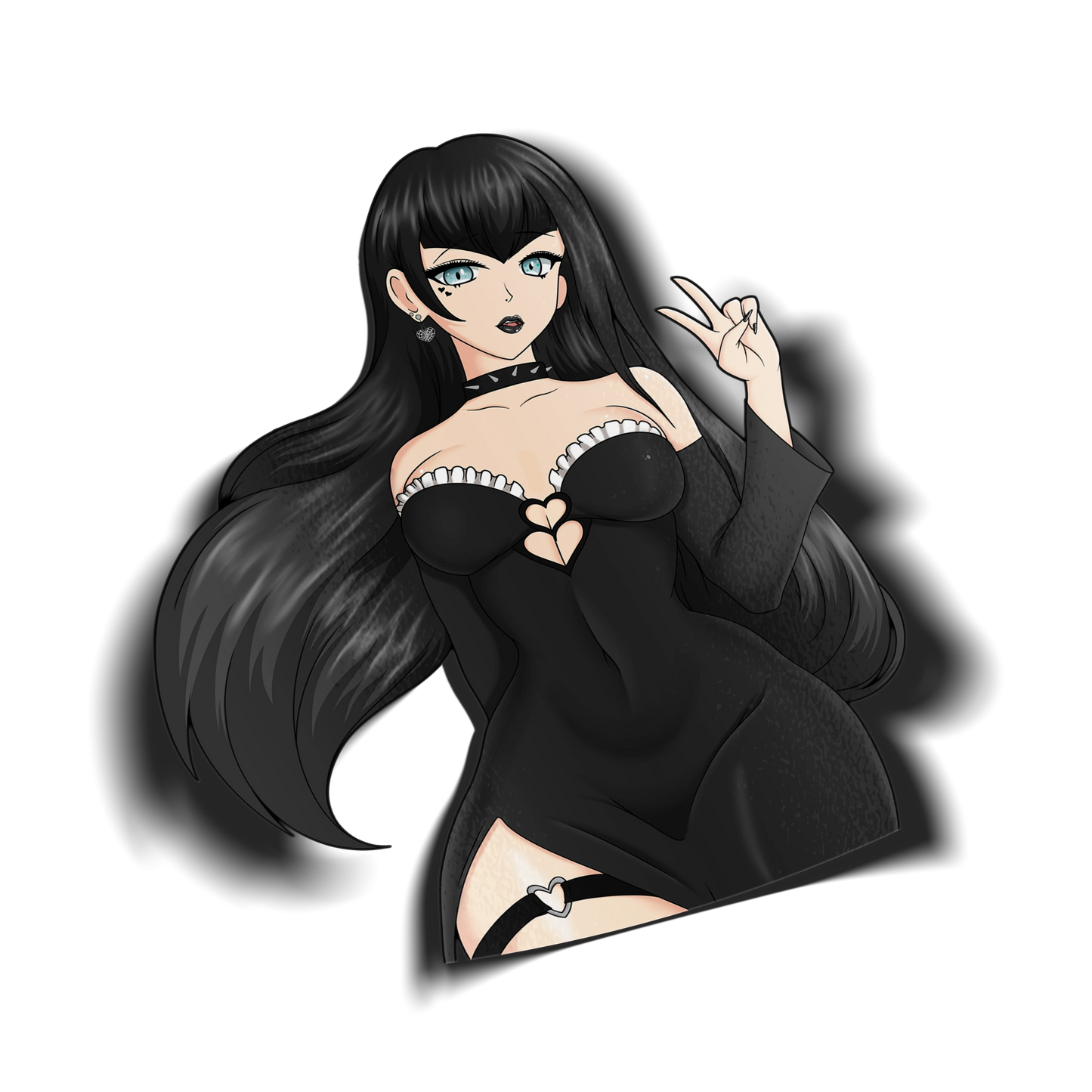 Hailey Rose kiss-cut vinyl sticker on transparent background, black hair teal eyes, face tattoos and black heart cutout dress with frilly trim, Always Sick x Hailey Rose collab.