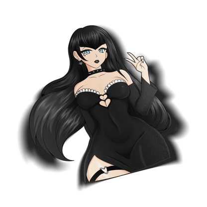 Hailey Rose kiss-cut vinyl sticker on transparent background, black hair teal eyes, face tattoos and black heart cutout dress with frilly trim, Always Sick x Hailey Rose collab.
