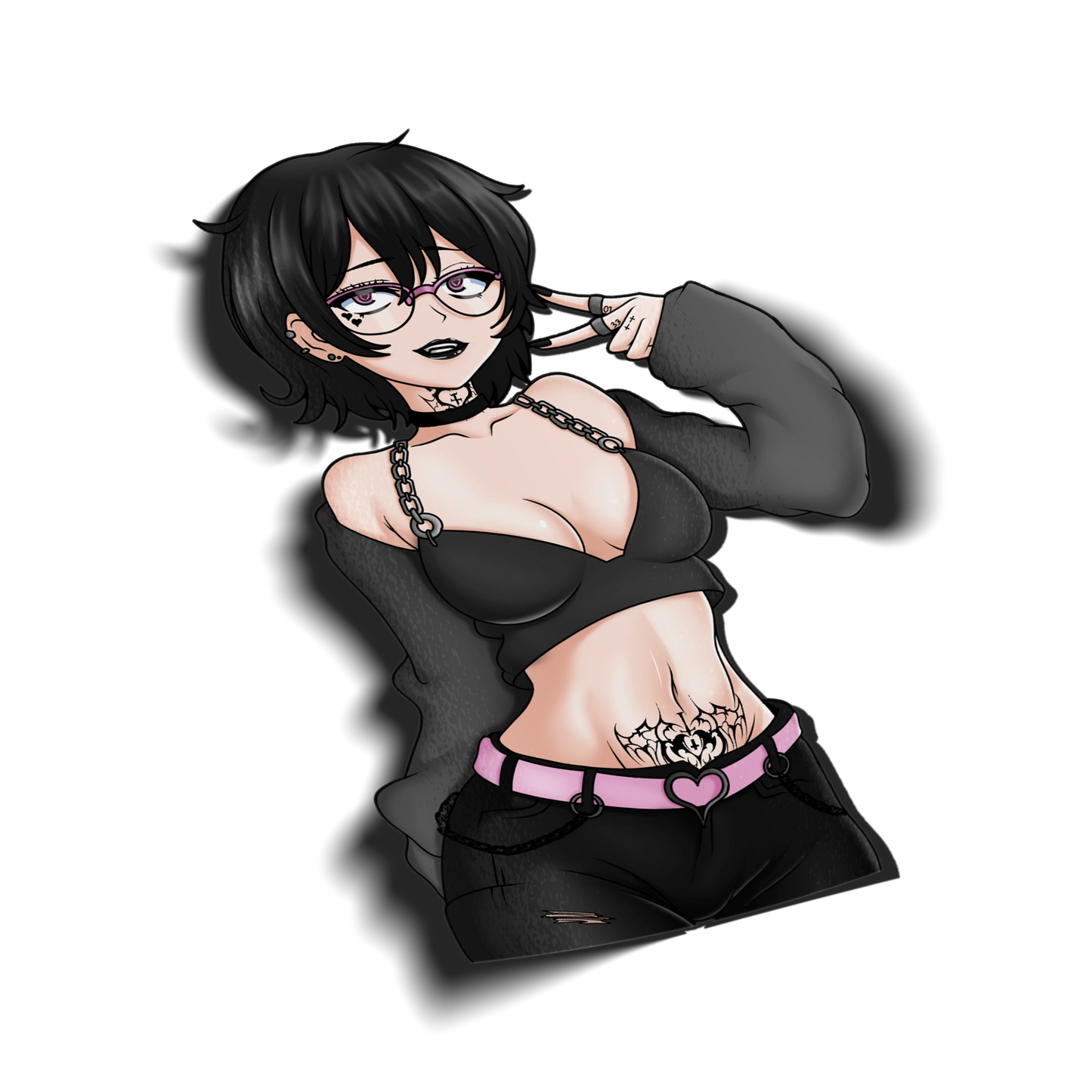 Noushi kiss-cut vinyl sticker on transparent background, black hair heterochromia eyes with pink glasses, goth alt outfit with black crop top chain necklace and pink heart belt, Always Sick original character.