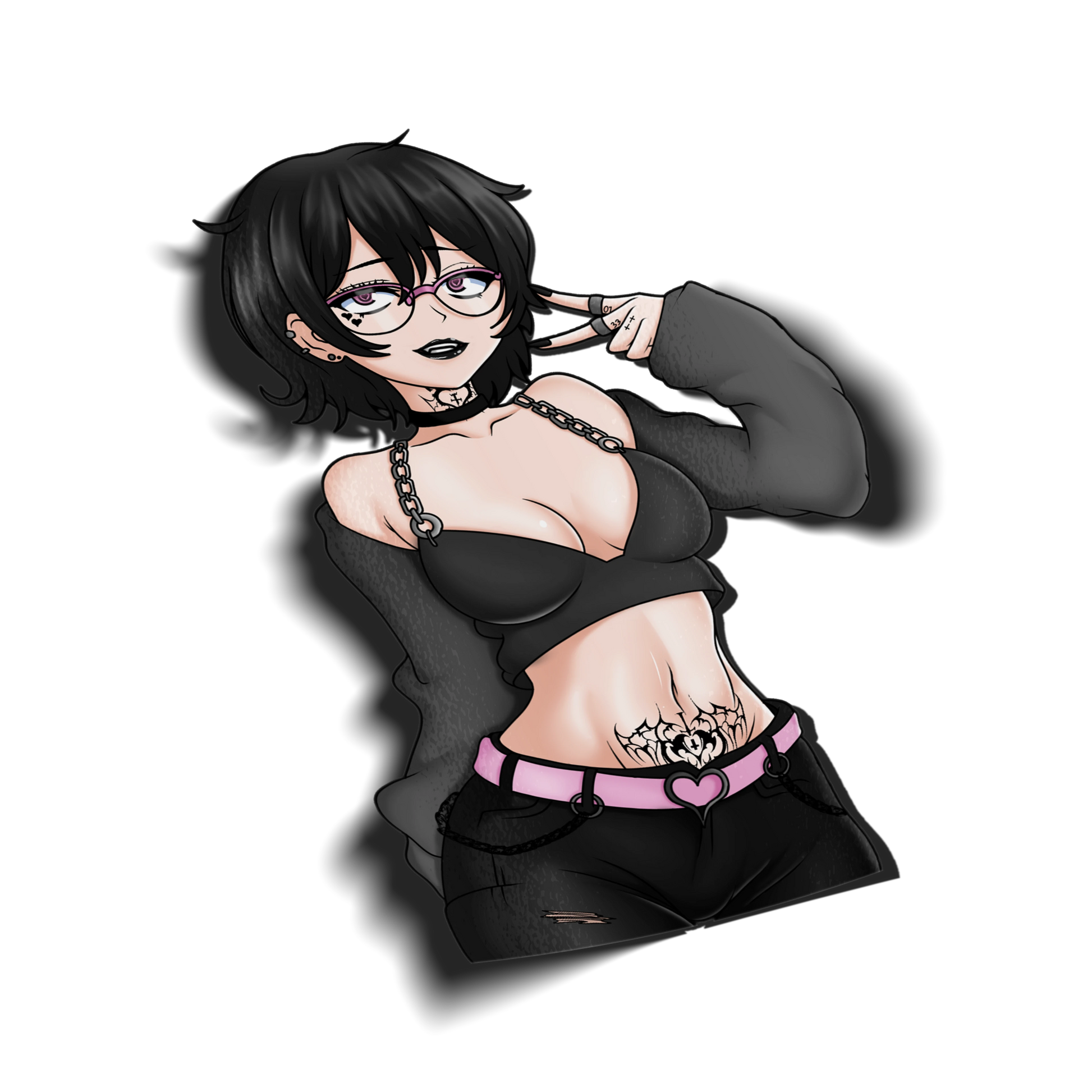 Noushi kiss-cut vinyl sticker on transparent background, black hair heterochromia eyes with pink glasses, goth alt outfit with black crop top chain necklace and pink heart belt, Always Sick original character.