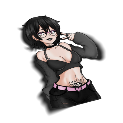 Noushi kiss-cut vinyl sticker on transparent background, black hair heterochromia eyes with pink glasses, goth alt outfit with black crop top chain necklace and pink heart belt, Always Sick original character.