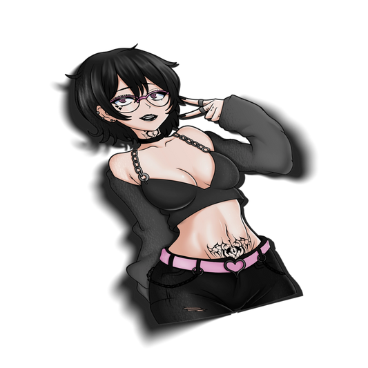 Noushi kiss-cut vinyl sticker on transparent background, black hair heterochromia eyes with pink glasses, goth alt outfit with black crop top chain necklace and pink heart belt, Always Sick original character.