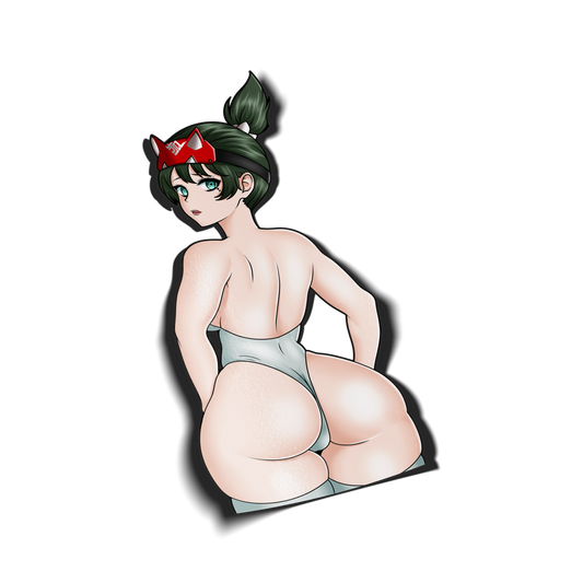 Kiriko kiss-cut vinyl sticker on transparent background, green hair teal eyes, red fox mask headband, looking back over shoulder in white bodysuit, Overwatch fan art.