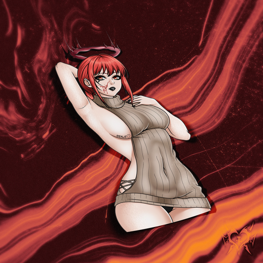 Sweater Dress Makima kiss-cut anime sticker on dark red swirl store background, control devil with ring halo and blood on her face, Always Sick original Chainsaw Man design.