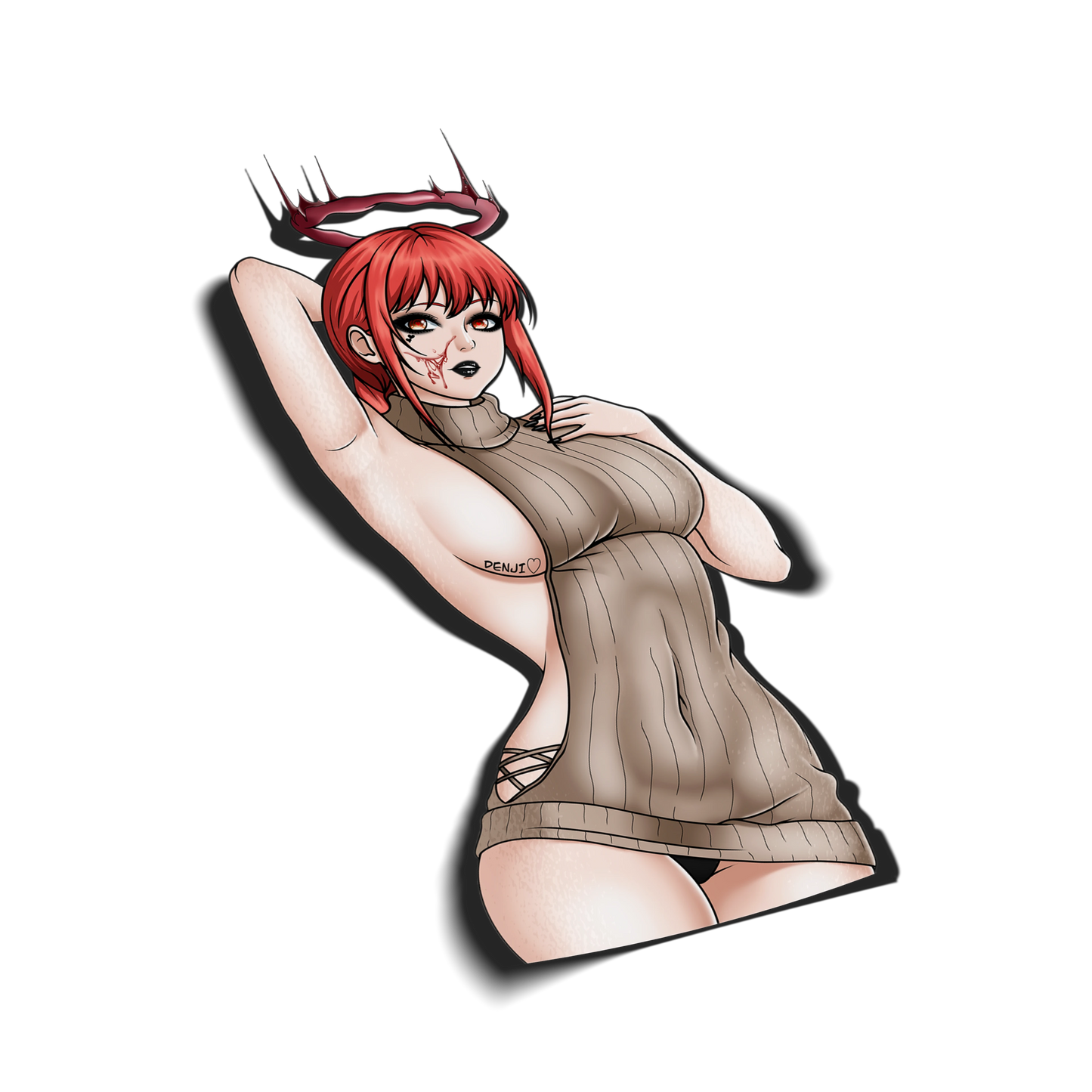Sweater Dress Makima kiss-cut vinyl sticker on transparent background, red hair red eyes, devil ring halo, tan sweater dress with Denji chest tattoo, Chainsaw Man fan art.