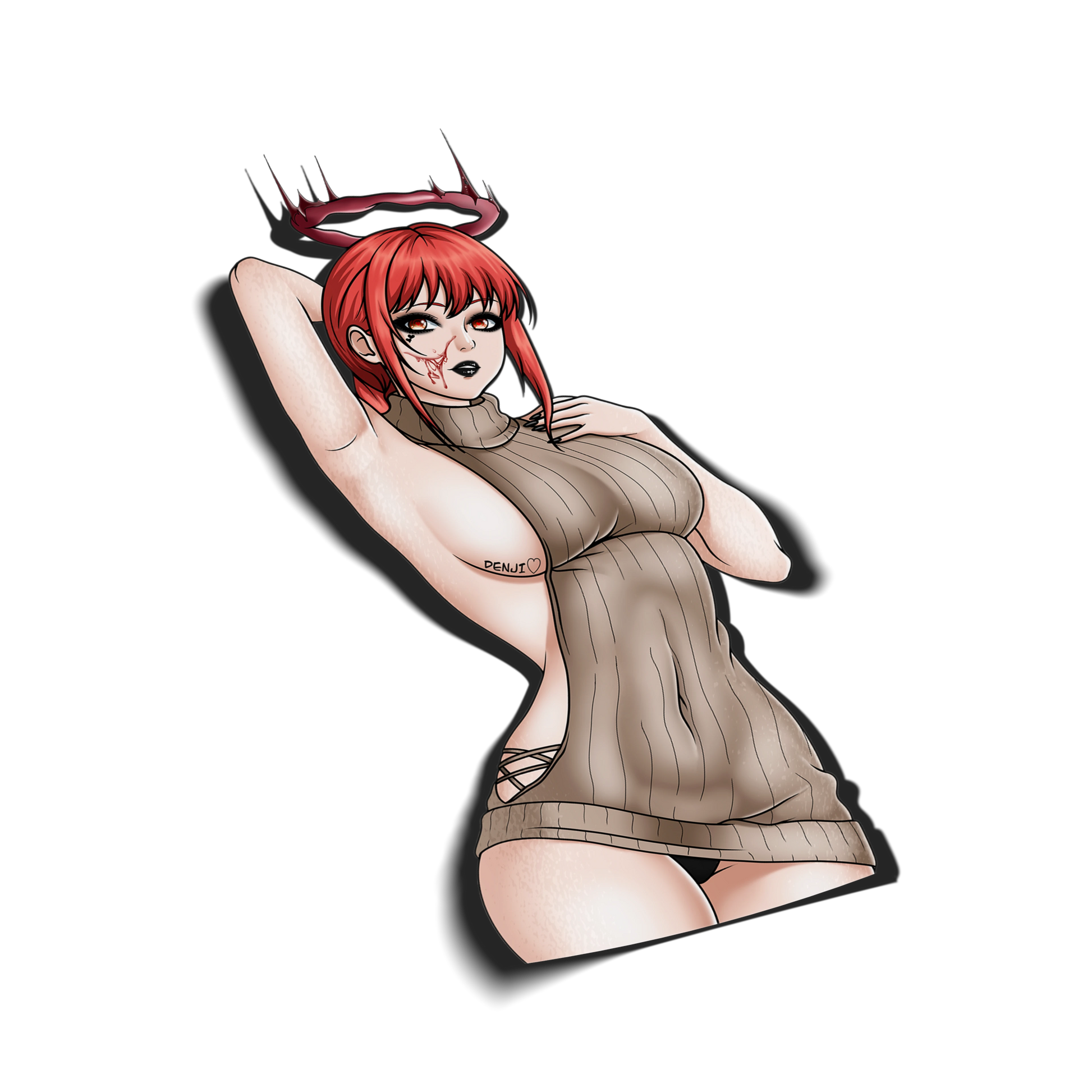 Sweater Dress Makima kiss-cut vinyl sticker on transparent background, red hair red eyes, devil ring halo, tan sweater dress with Denji chest tattoo, Chainsaw Man fan art.