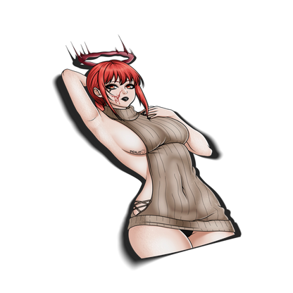 Sweater Dress Makima kiss-cut vinyl sticker on transparent background, red hair red eyes, devil ring halo, tan sweater dress with Denji chest tattoo, Chainsaw Man fan art.