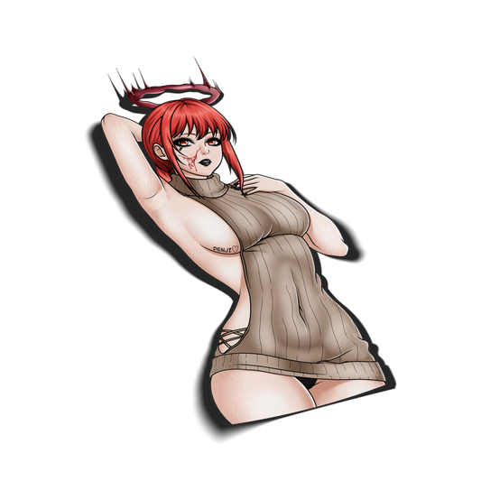 Sweater Dress Makima kiss-cut vinyl sticker on transparent background, red hair red eyes, devil ring halo, tan sweater dress with Denji chest tattoo, Chainsaw Man fan art.