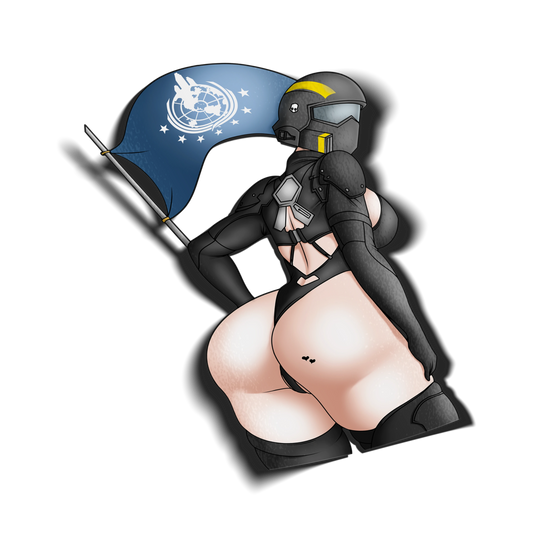 Lady Liberty Helldiver kiss-cut vinyl sticker on transparent background, black Helldiver armor with yellow visor and skull helmet, holding Super Earth flag on spear, Helldivers 2 fan art.
