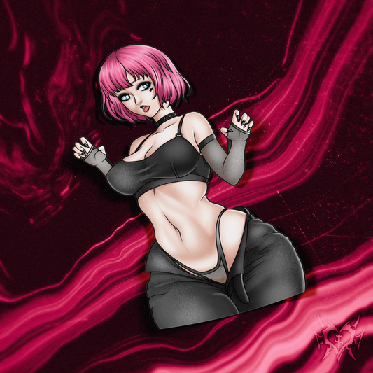 Goth Rin Qatherine kiss-cut anime sticker on white store background, pink hair and black goth outfit, Always Sick original Catherine: Full Body design.