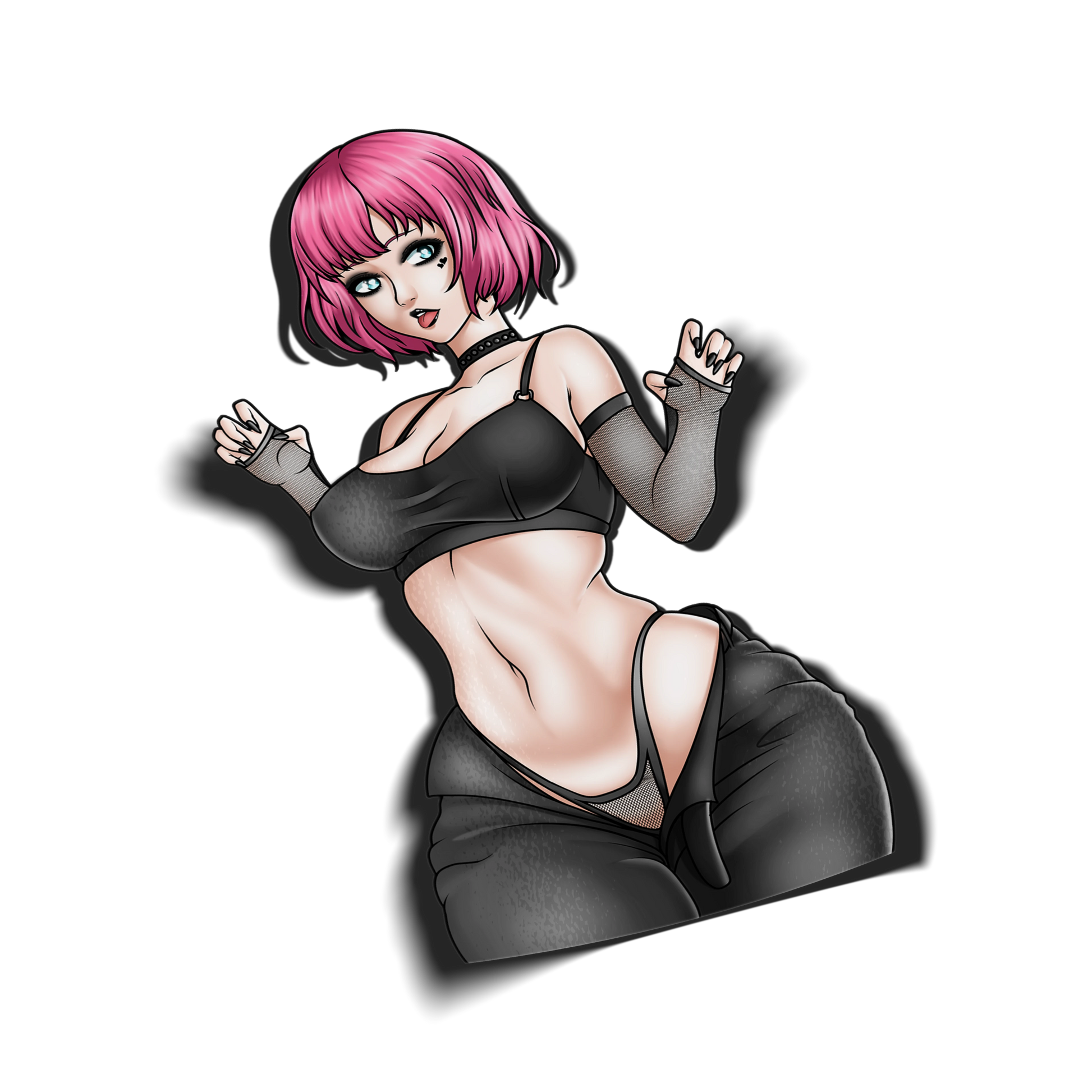Goth Rin Qatherine kiss-cut vinyl sticker on transparent background, pink-haired anime girl in black crop top and fishnet gloves, Catherine: Full Body fan art.