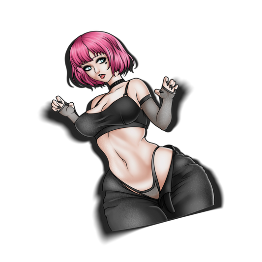 Goth Rin Qatherine kiss-cut vinyl sticker on transparent background, pink-haired anime girl in black crop top and fishnet gloves, Catherine: Full Body fan art.