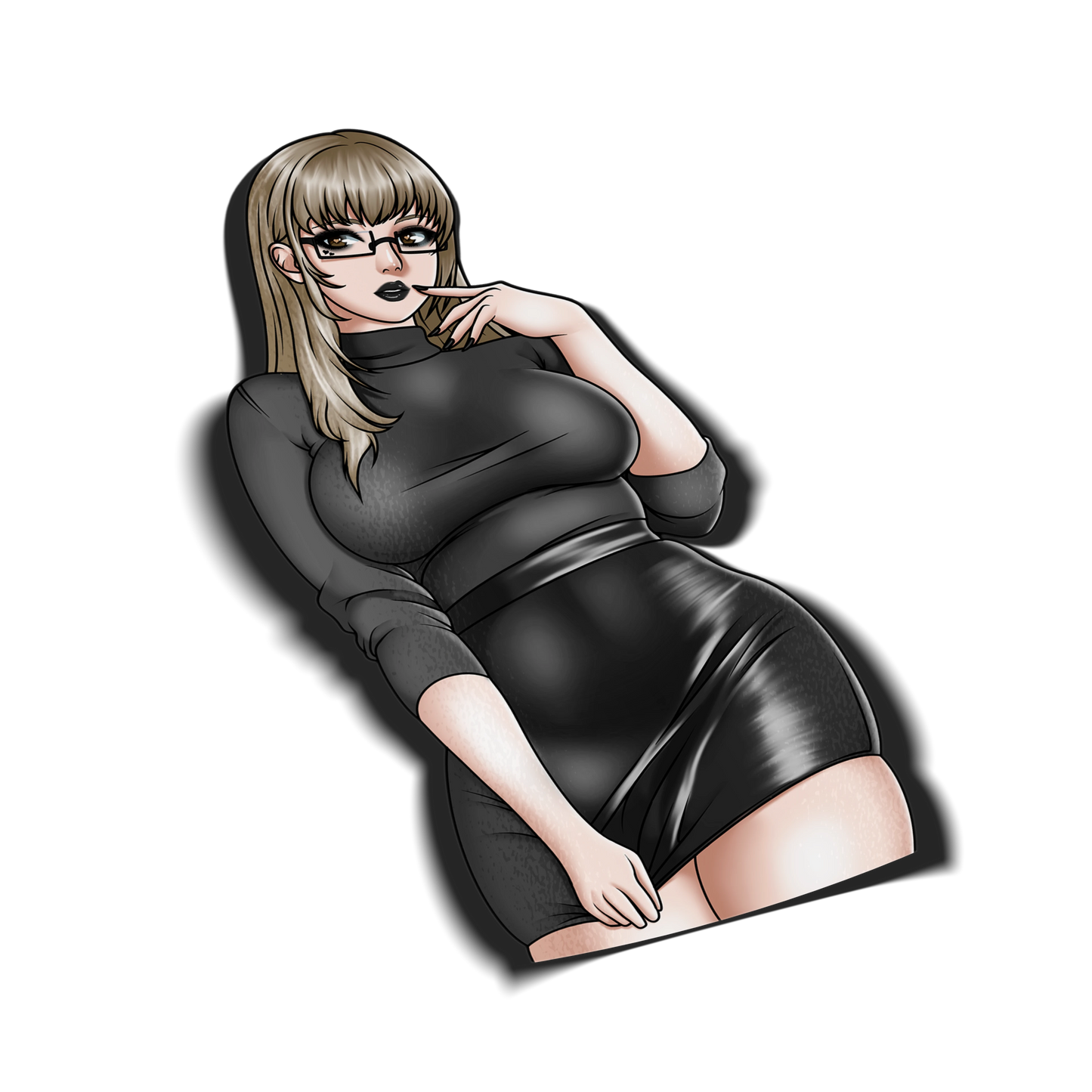 Goth Katherine McBride kiss-cut vinyl sticker on transparent background, blonde anime girl in black turtleneck and leather skirt with glasses, Catherine: Full Body fan art.