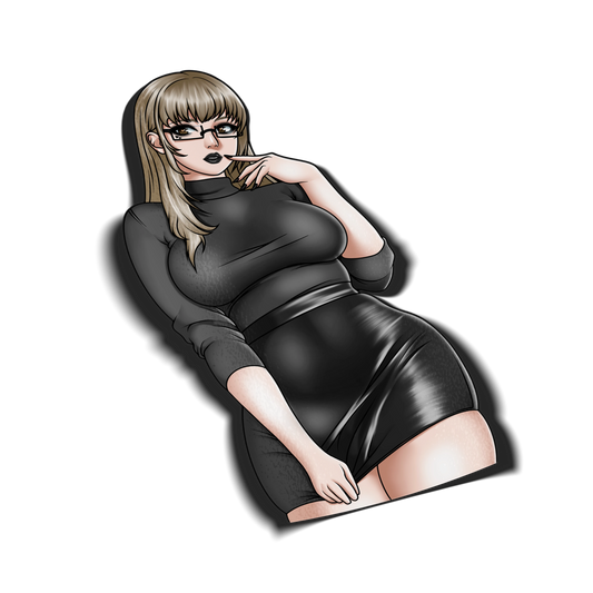 Goth Katherine McBride kiss-cut vinyl sticker on transparent background, blonde anime girl in black turtleneck and leather skirt with glasses, Catherine: Full Body fan art.