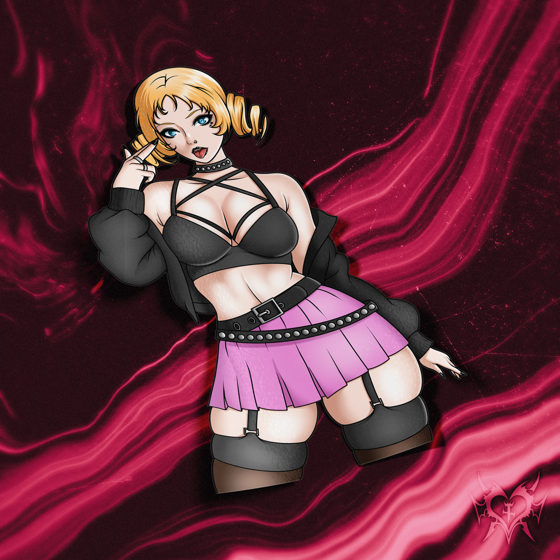 Goth Catherine kiss-cut anime sticker on white store background, black harness bra and pink skirt with gold drill hair, Always Sick original Catherine: Full Body design.