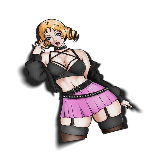 Goth Catherine kiss-cut vinyl sticker on transparent background, blonde anime girl in black harness top and pink pleated skirt with garter belt, Catherine: Full Body fan art.