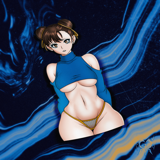 Chun-Li kiss-cut anime sticker on white store background, iconic double buns and blue crop top, Always Sick original Street Fighter design.