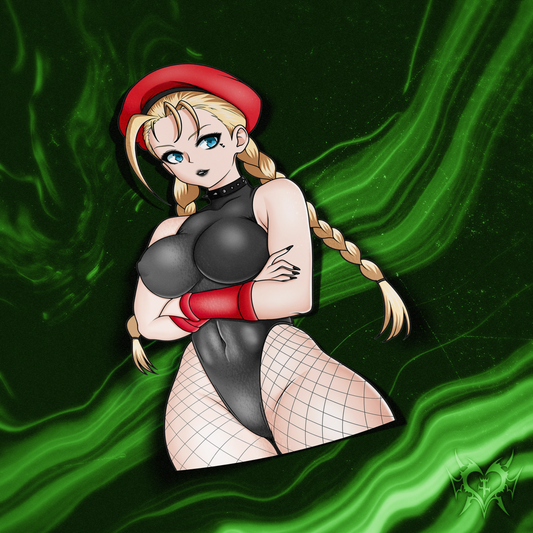 Cammy kiss-cut anime sticker on white store background, red beret and black bodysuit with fishnet stockings, Always Sick original Street Fighter design.
