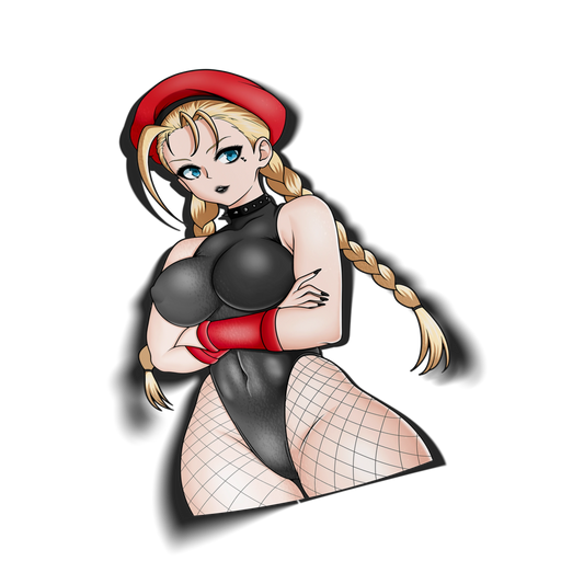 Cammy kiss-cut vinyl sticker on transparent background, blonde anime girl with braided pigtails in red beret and black bodysuit with fishnet stockings, Street Fighter fan art.