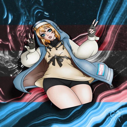Bridget kiss-cut anime sticker on white store background, blue hoodie with trans pride flag patch, Always Sick original Guilty Gear fan art.