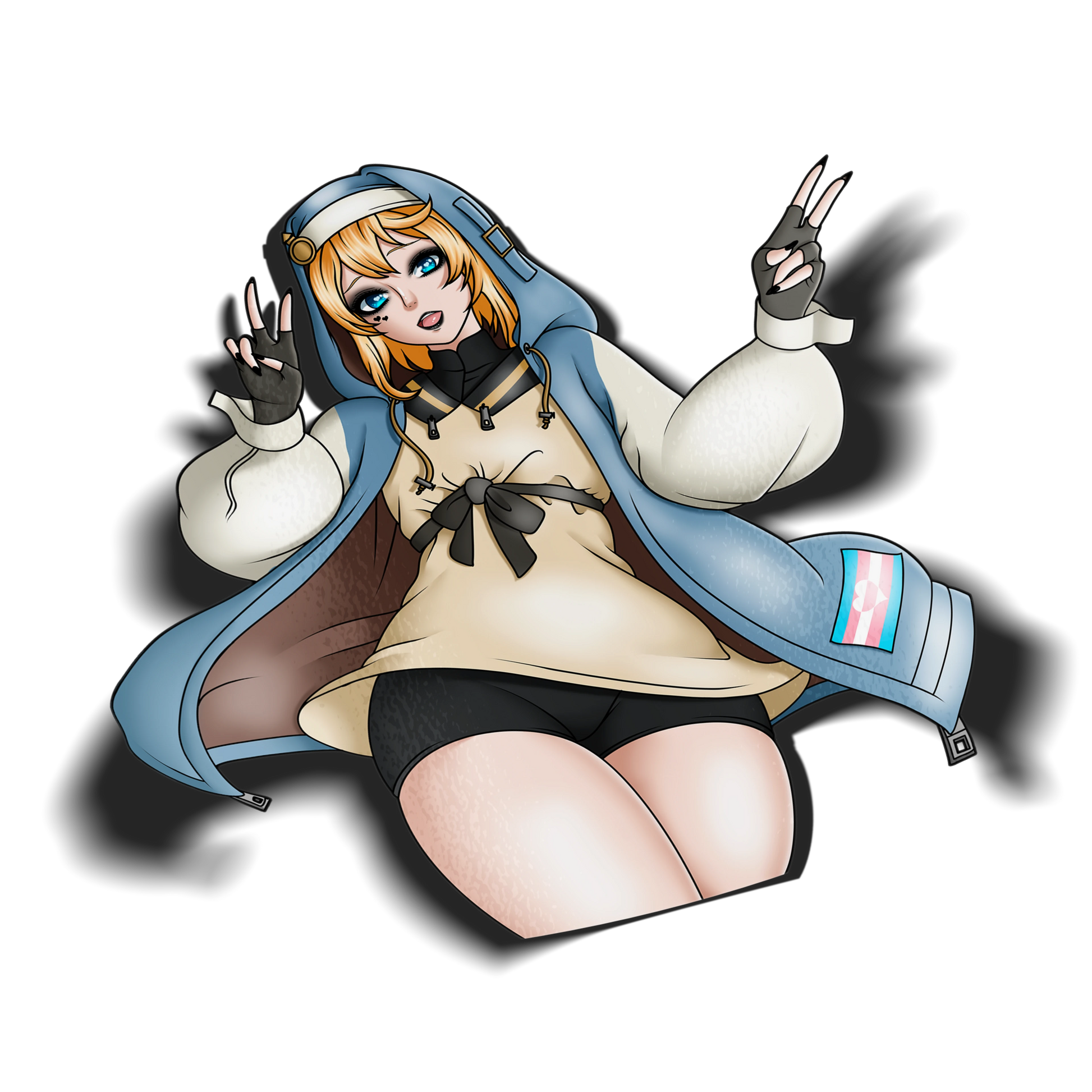 Bridget kiss-cut vinyl sticker on transparent background, blonde anime girl in blue hoodie with trans flag patch and peace sign, Guilty Gear Strive fan art.