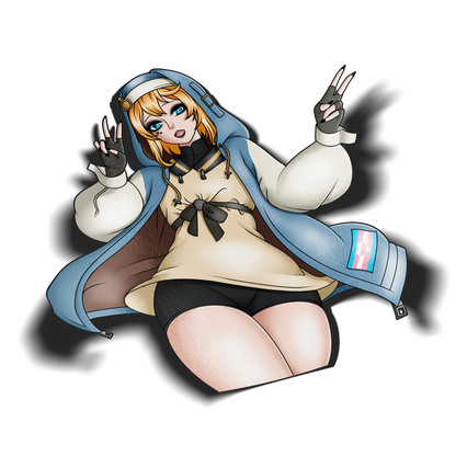 Bridget kiss-cut vinyl sticker on transparent background, blonde anime girl in blue hoodie with trans flag patch and peace sign, Guilty Gear Strive fan art.