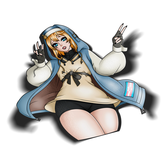 Bridget kiss-cut vinyl sticker on transparent background, blonde anime girl in blue hoodie with trans flag patch and peace sign, Guilty Gear Strive fan art.