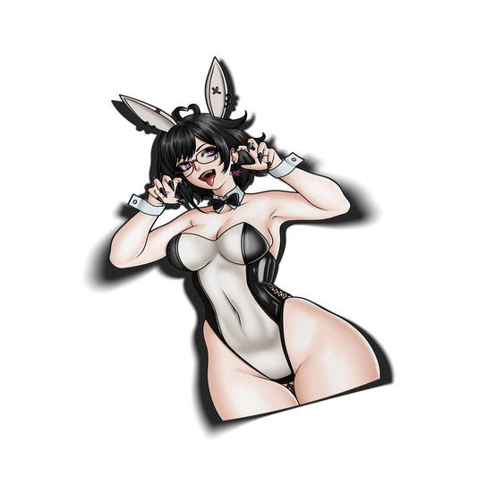 Bunny Girl Noushi kiss-cut vinyl sticker on transparent background, black hair goth bunny girl in black and white bodysuit with glasses, Always Sick original character.