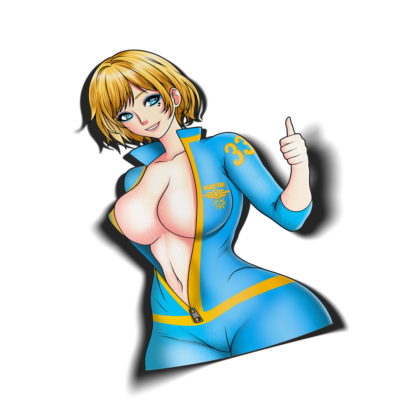 Vault Girl kiss-cut vinyl sticker on transparent background, blonde anime girl in blue and yellow Vault-Tec jumpsuit giving a thumbs up, Fallout fan art.