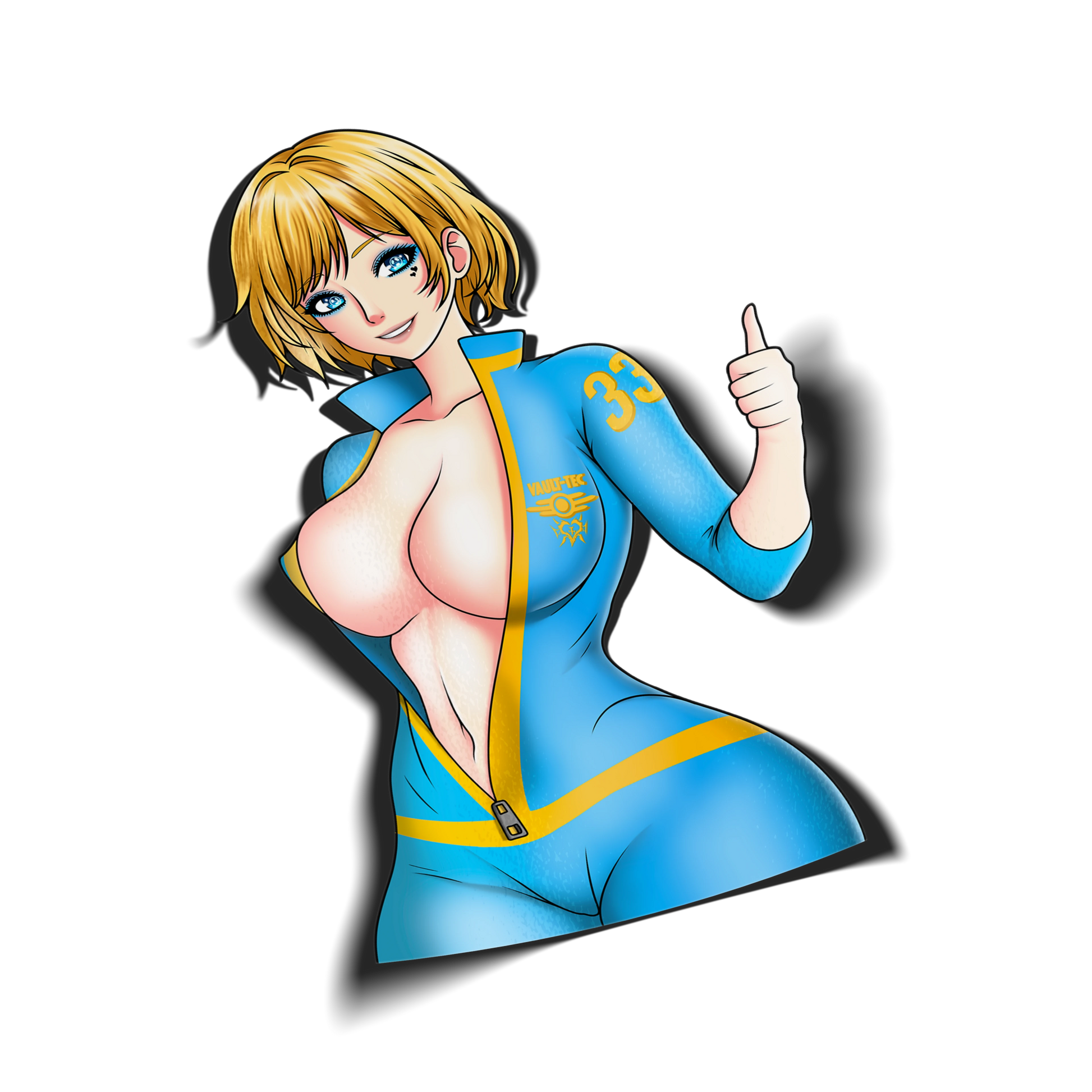 Vault Girl kiss-cut vinyl sticker on transparent background, blonde anime girl in blue and yellow Vault-Tec jumpsuit giving a thumbs up, Fallout fan art.