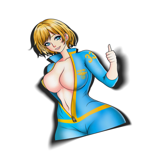 Vault Girl kiss-cut vinyl sticker on transparent background, blonde anime girl in blue and yellow Vault-Tec jumpsuit giving a thumbs up, Fallout fan art.