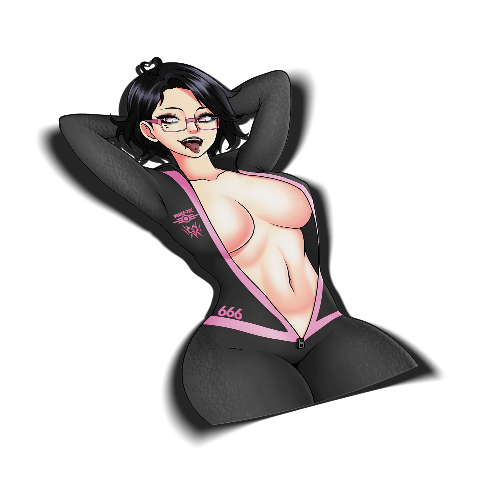 Vault Dweller Noushi kiss-cut sticker on transparent background, Black/Pink Suit variant, goth OC with glasses and fangs, Fallout x Always Sick original character.