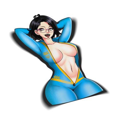 Vault Dweller Noushi kiss-cut sticker on transparent background, goth OC in blue Vault-Tec jumpsuit, Always Sick original design.