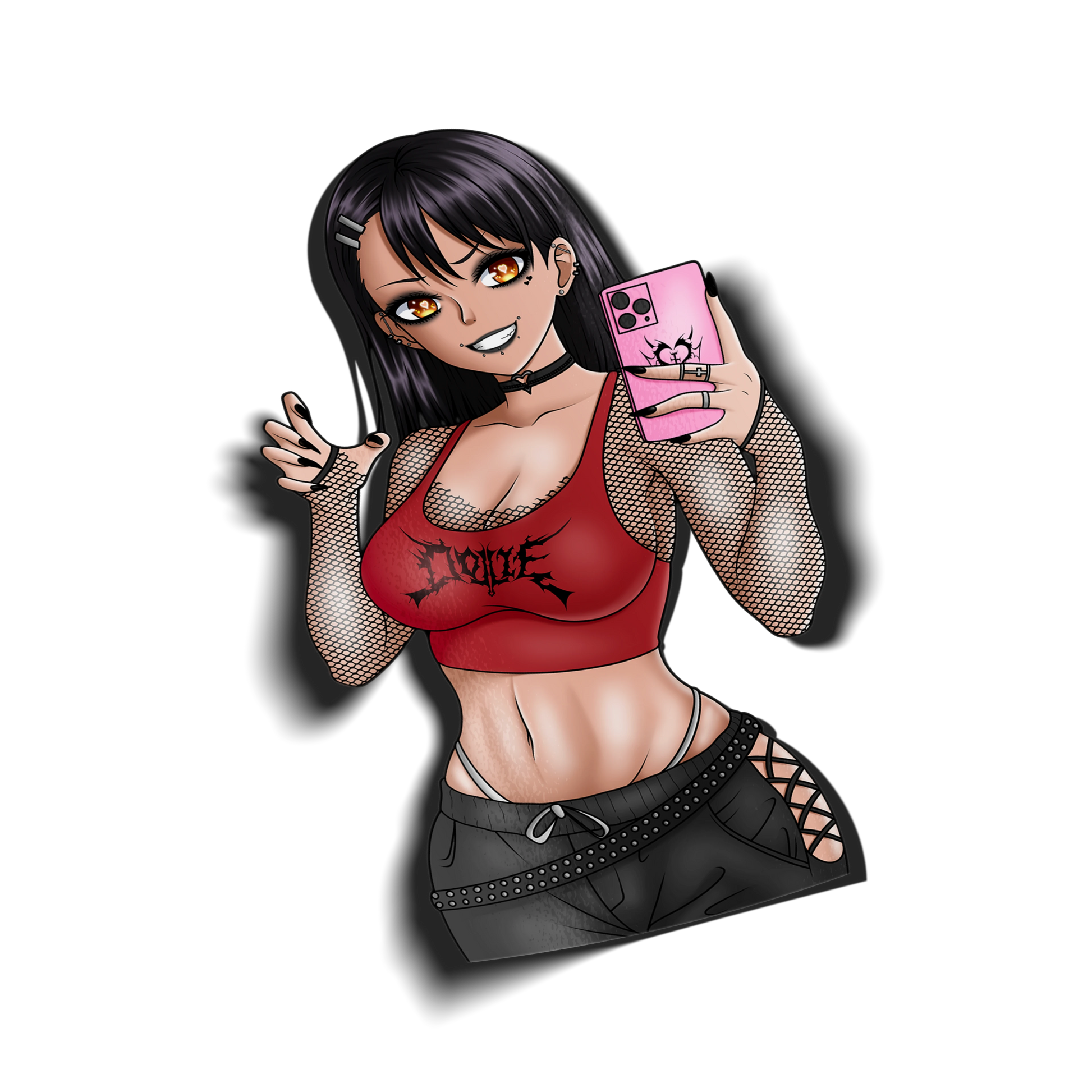 Goth Nagatoro kiss-cut vinyl sticker on transparent background, black hair goth alt aesthetic with red crop top and pink phone selfie pose, Don't Toy With Me Miss Nagatoro fan art.