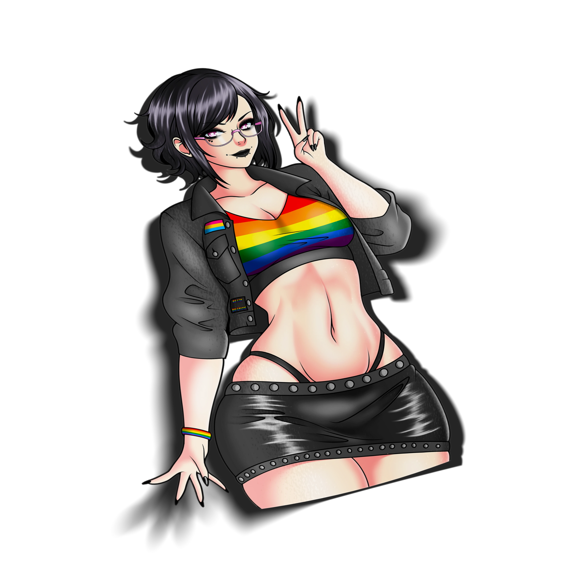 Pride Noushi kiss-cut vinyl sticker, an Always Sick original character with goth styling in pansexual pride flag colors, on a pink marbled background.