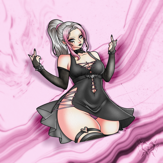 Lily kiss-cut vinyl sticker on transparent background, goth pin-up with silver-pink hair and black corset-laced dress, Always Sick x Lewdacris Creations collab.