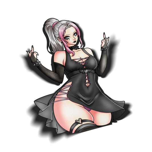 Lily kiss-cut vinyl sticker, goth girl with silver and pink ponytail, spiked choker, black corset-laced dress, fishnet arm warmers and thigh-high stockings, on a pink marbled background. A Lewdacris Creations collab.