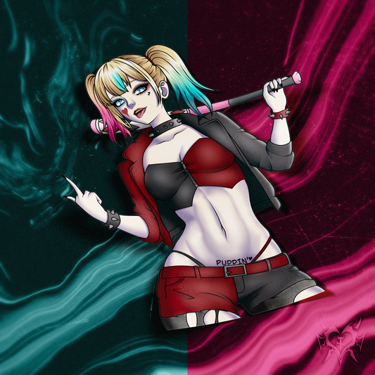 Harley Quinn kiss-cut anime sticker on teal and magenta store background, goth-punk styling with spiked accessories, Always Sick original DC Comics design.